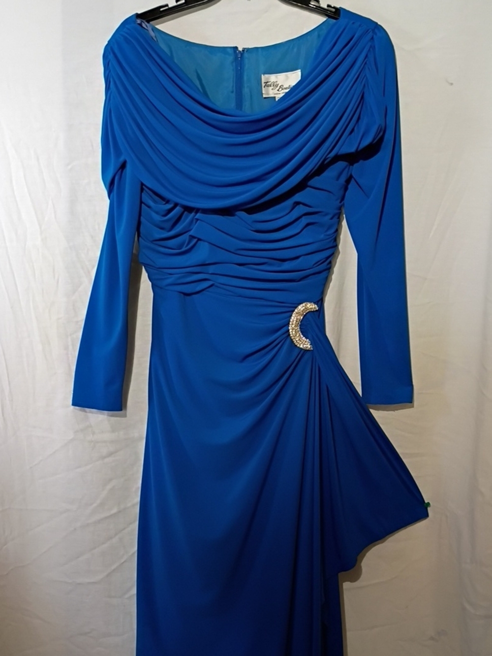 Cobalt Blue Draped Ruched Midi Dress with Crescent Accent